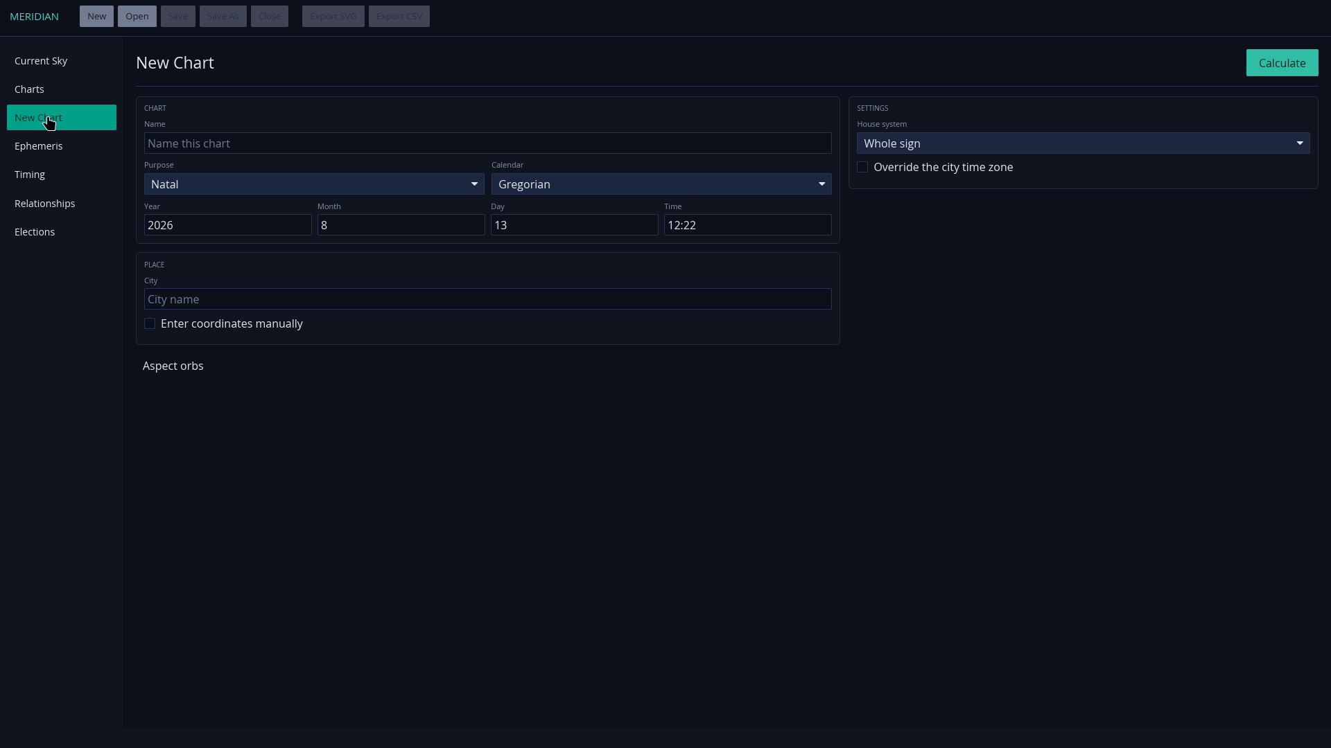 Meridian new chart window with local time and place inputs